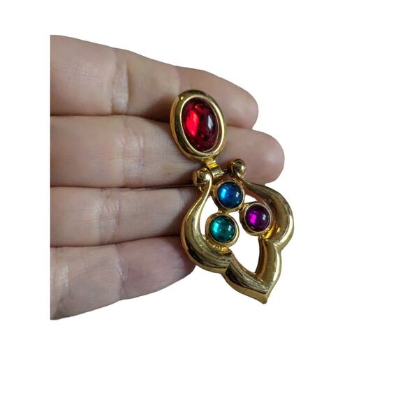 Vtg Gold Tone Gripoix Cabochon Drop Earrings purple green blue Red Colorful 80s - Picture 4 of 8
